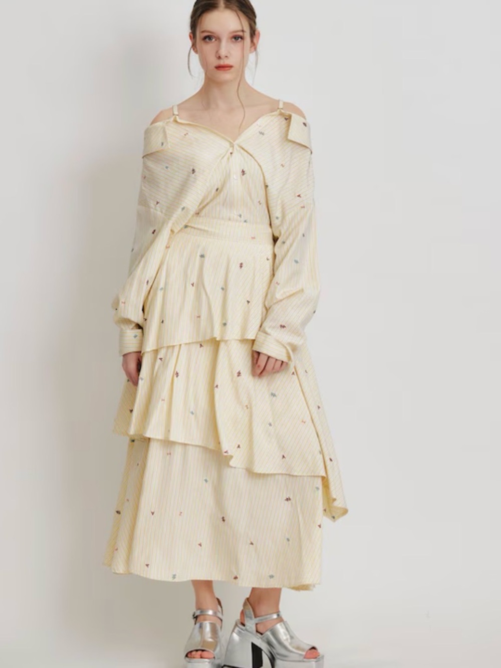 REDYAZEL  Butter Yellow Tiered Maxi Skirt and Shirt-  One Size